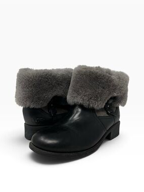 UGG Black Leather Ankle Booties with Gray Shearling Cuff